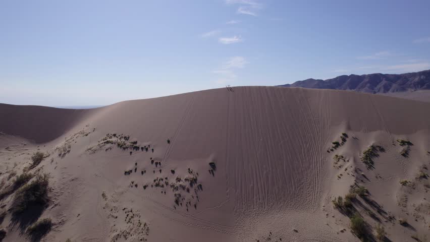 A large sand dune in the middle of the desert. Top view from a drone. A mountain of sand on which various dry bushes grow. A strong wind is blowing, lifting the sand. Blue sky and white clouds
