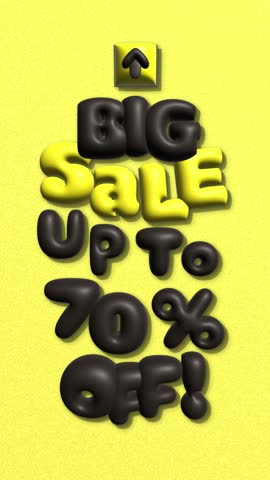 big sale up to 70 off black and yellow 3d animation background vertical . 3D Illustration