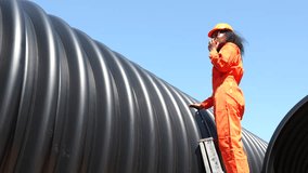 VDO 4K, A black female mechanical engineer in a safety uniform inspects and inspects piping systems for a new construction project of a large industrial building. - Powered by Shutterstock - Get 15% off with code: PIKWIZARD15