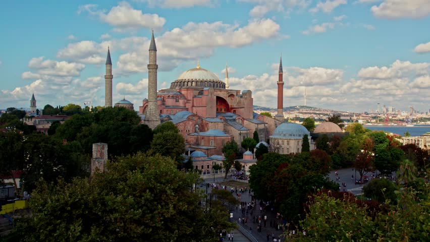 An aerial view of Istanbul historic peninsula, featuring Hagia Sophia, famous museums,lush gardens and the Bosphorus The city