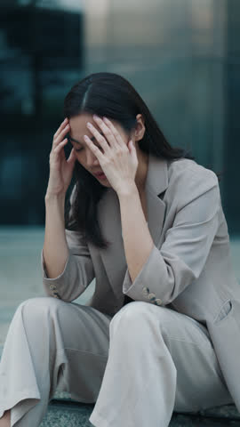 Thai businesswoman touches head experiencing mental fatigue from high-pressure environment at workplace. Asian woman shows signs of migraine sitting on outdoor stairs in downtown. Vertical video