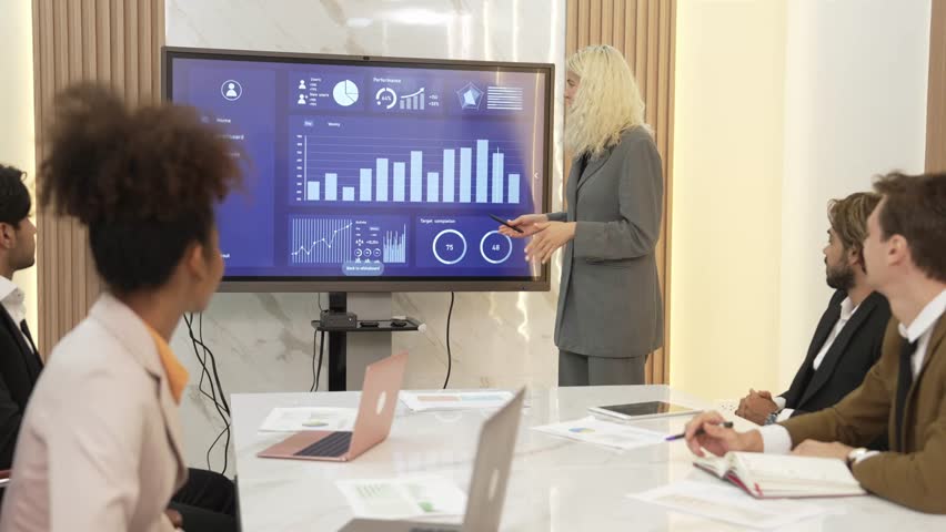 Presentation in office or ornament meeting room with analyst team utilize BI Fintech to analyze financial data. Businesspeople analyzing BI dashboard power display on TV screen for strategic planning - Powered by Shutterstock - Get 15% off with code: PIKWIZARD15