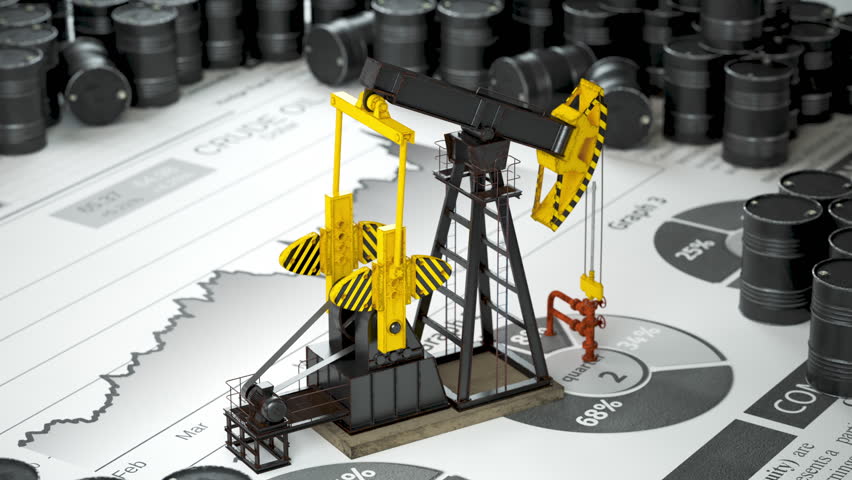 Oil pump jack and barrels. Growth of price of crude oil. Stock market of crude oil. 3D Illustration