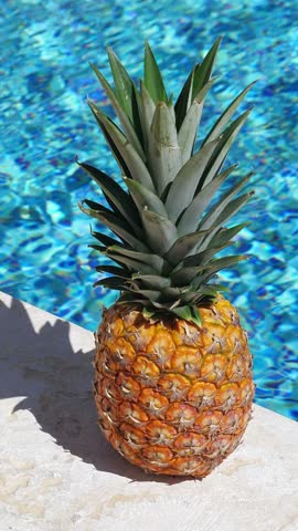 Pineapple near swimming pool at poolside. Summer holidays. Closeup. Vertical footage