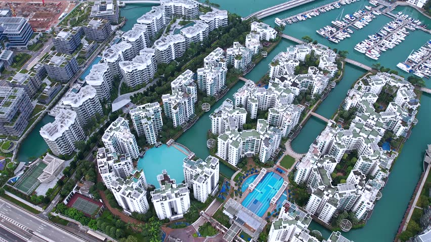 Aerial view of Harbor front condos in Singapore - Expensive sea view real estate at Corals at Keppel Bay