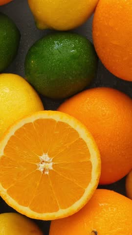 citrus fruit background, a lot of lemon, oranges and limes. Rotate. Vertical footage
