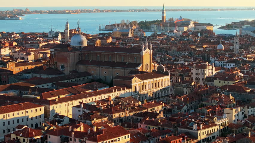 Aerial drone view of the buildings in Venice City, Italy