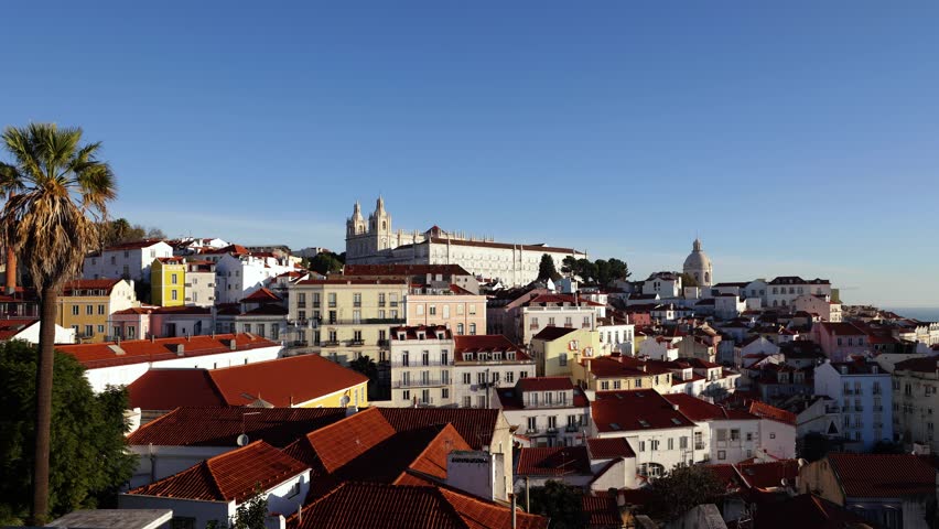Panoramic over downtown Lisbon on a sunny day, with views of the river and famous bridge