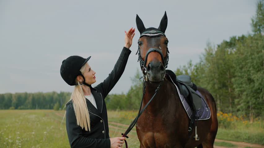Young blonde equestrian rider in black helmet and redingote petting her brown horse outdoors. Woman lovely caress horse, well-groomed equipped with saddle and bridle, green meadow