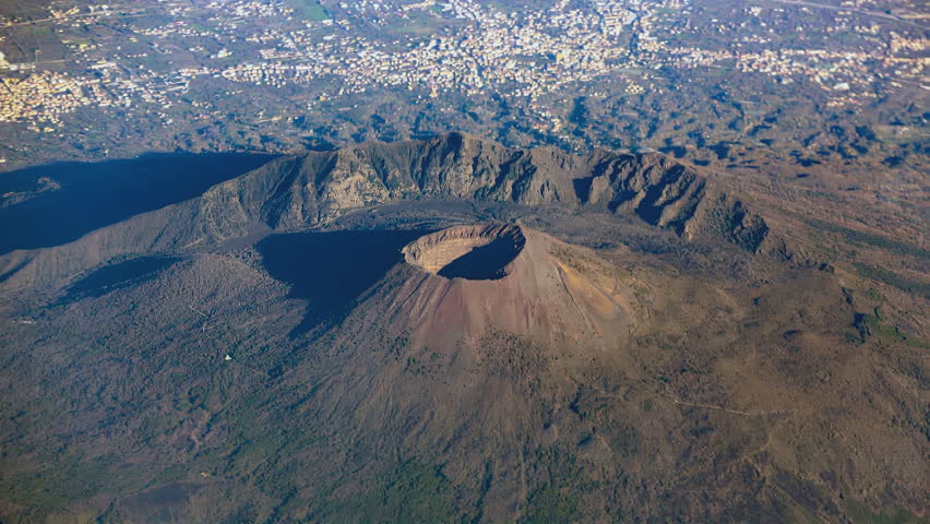 An aerial view of Mount Vesuvius, a famous stratovolcano located in Campania, near the Gulf of Naples in southern Italy. 