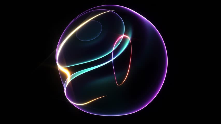 3d video animation of surreal mystic alien ball or sphere sculpture in curved, wavy organic lines forms in deformation process in translucent matte plastic material with yellow neon laser round stripe