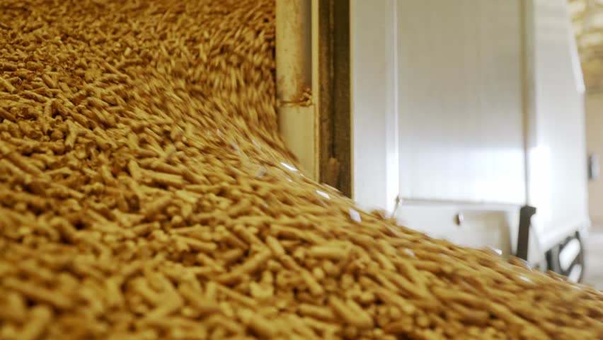 Endless stream of pellets flowing through machinery, eco energy production