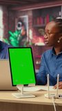 Black man and woman getting angry at home internet next to mockup screen, identifying weak connection and testing different troubleshooting techniques to fix their network errors. Camera A. - Powered by Shutterstock - Get 15% off with code: PIKWIZARD15