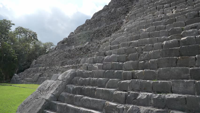 Detailed view of the stone steps of El Castillo, the ancient Mayan pyramid at Chichen Itza in Mexico