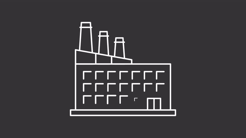 Animated industrial plant white icon. Factory building with chimneys line animation. Manufacturing facility exterior. Isolated illustration on dark background. Transition alpha video. Motion graphic