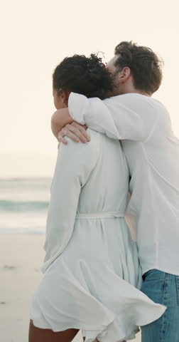 Walking, hug or back of couple at sea for valentines day, love or romance in relationship together. Fun, vacation or people bonding at beach on holiday for romantic honeymoon, embrace and travel date