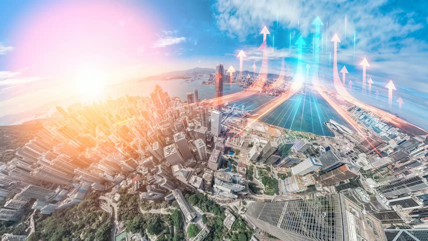 A 4k still video frame of a Hong Kong aerial view, zoomed in, showing upward trending lines over the cityscape.