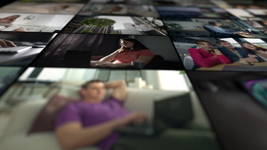 Video collage of different people working remotely. Work from home on a computer, business and finance network, Internet video calls. High quality 4k footage