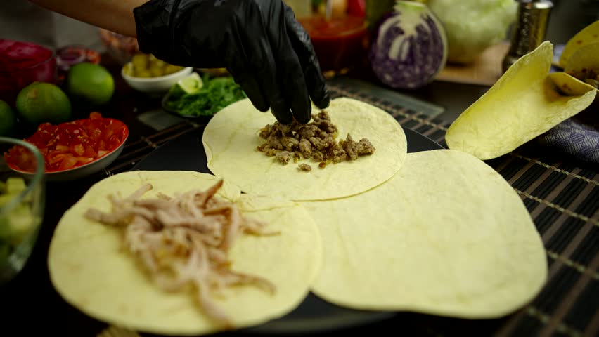 Tacos Filled Meat. Tasty Mexican Homemade  Soft Shell Beef Tacos. Mexican Food Burrito. Tortilla Fast Food. Mexican Pork Carnitas Tacos Fajitas. American Taco Salsa Corn Tortilla Carne Asada Fast Food