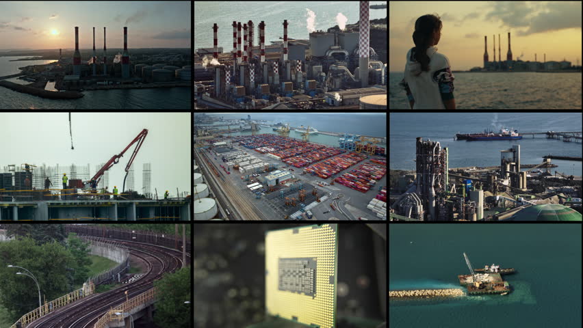 Video collage of industrial landscapes: wind turbines, power plants, CO2 emissions, roads, and ports showcasing the impact of global warming on the planet. High quality 4k footage