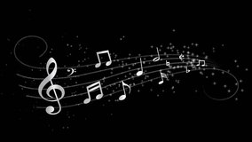 Abstract silver nusic notes along a musical stave in 3D space with silver stars, twirling glitter and particles, scene opener, overlay or background, transparent background with alpha channel - Powered by Shutterstock - Get 15% off with code: PIKWIZARD15