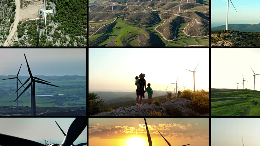 Video collage of wind electric station. environmental protection, saving and clean electricity, the concept of an eco-friendly lifestyle. High quality 4k footage
