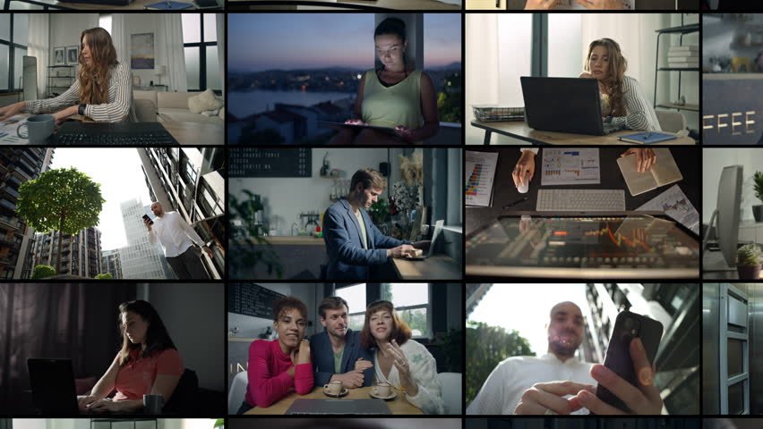 Video collage of different people working online on the Internet. Work on a tablet computer, video calls with SEO and business finance. High quality 4k footage