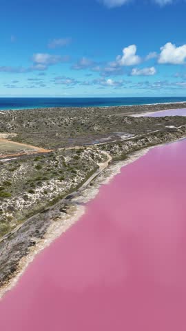An aerial view of the Hutt Lagoon in Gregory town in the Mid West region of Western Australia, Australia, on a sunny day