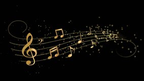 Abstract golden music notes along a musical stave in 3D space with golden stars, twirling glitter and particles, scene opener, overlay or background, transparent background with alpha channel - Powered by Shutterstock - Get 15% off with code: PIKWIZARD15