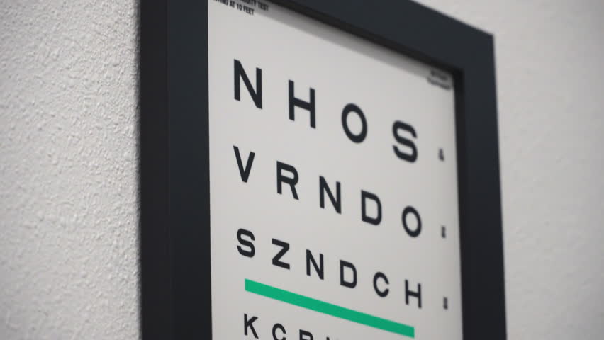 Eye chart in an optometrist's office, close-up angled view with a modern frame