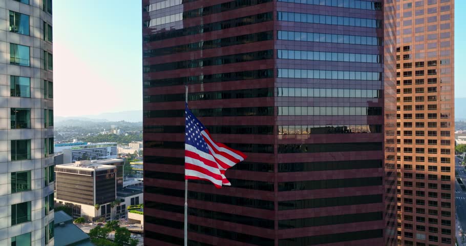 LA landscape. Los Angeles skyline with towering skyscrapers. Aerial view of Los Angeles with skyscrapers in the city center. A panoramic of Los Angeles skyline. Downtown Los Angeles. LA from drone.