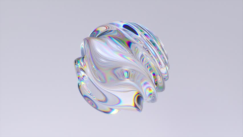 Glassy sphere with iridescent surface smoothly morphs and rotates, showcasing a mesmerizing play of light and reflections against a clean white backdrop. 3D Illustration