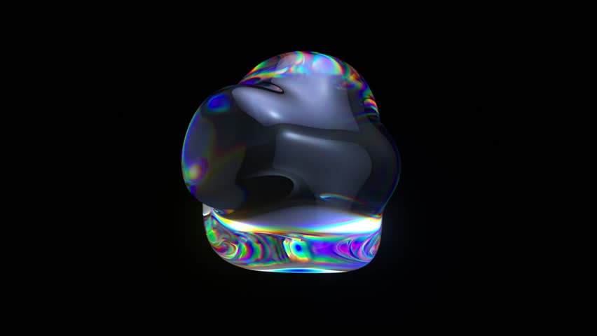 Iridescent glass sphere morphing dynamically, changing shape with fluid movements against dark backdrop, creating mesmerizing visual transformation. 3D Illustration