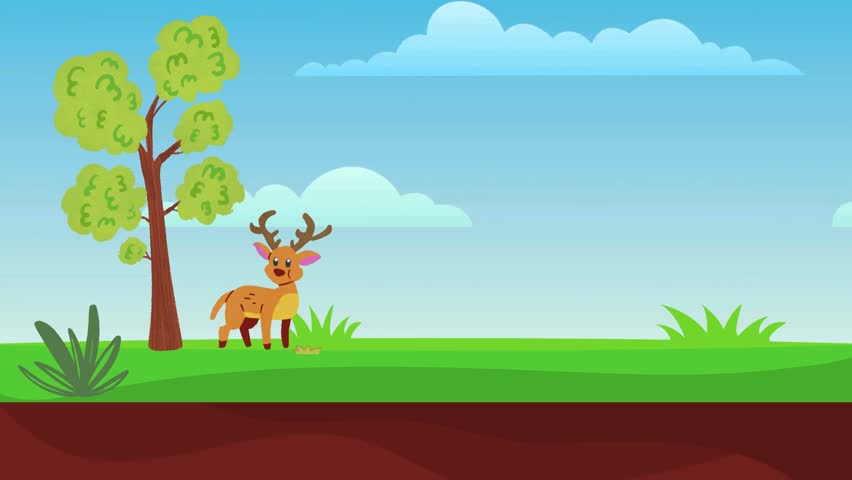 Cute cartoon vector illustration of a deer with antlers in a bright natural landscape. Perfect for children’s content, game backgrounds, and nature-themed designs