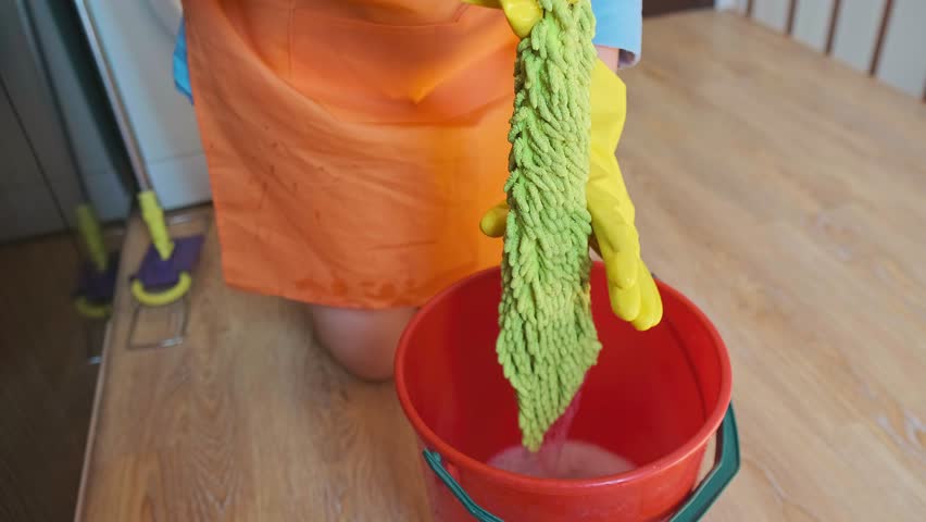 A housemaid cleans the home, wringing out a cloth from the bucket. Using cleaning products for a safe and effective cleaning process.