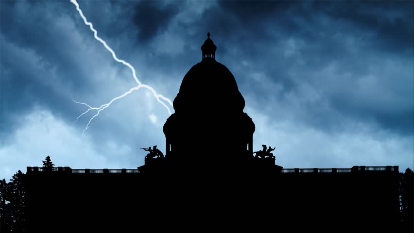 California: Lightning and Thunderstorm Flash over Dark Silhouette of State Capitol building  in Sacramento, USA