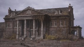 This historic mansion features classical architecture overtaken by nature, with vines climbing the walls and a neglected garden. Dark clouds loom overhead, enhancing its eerie presence. - Powered by Shutterstock - Get 15% off with code: PIKWIZARD15