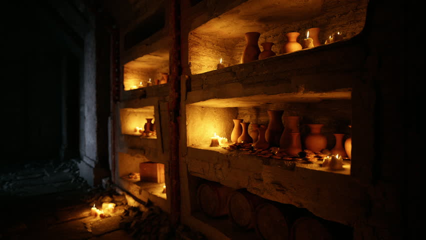 Shelves lined with clay pottery create a warm atmosphere in a dimly lit room. Flickering candles enhance the beauty of the handcrafted items on display during the evening hours.