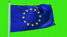 European Union flag flutters against green chroma key screen. Twelve golden stars form circle on chromakey background. Unity and cooperation in Europe concept. Euro friendship symbol. Isolated mock up - Powered by Shutterstock - Get 15% off with code: PIKWIZARD15