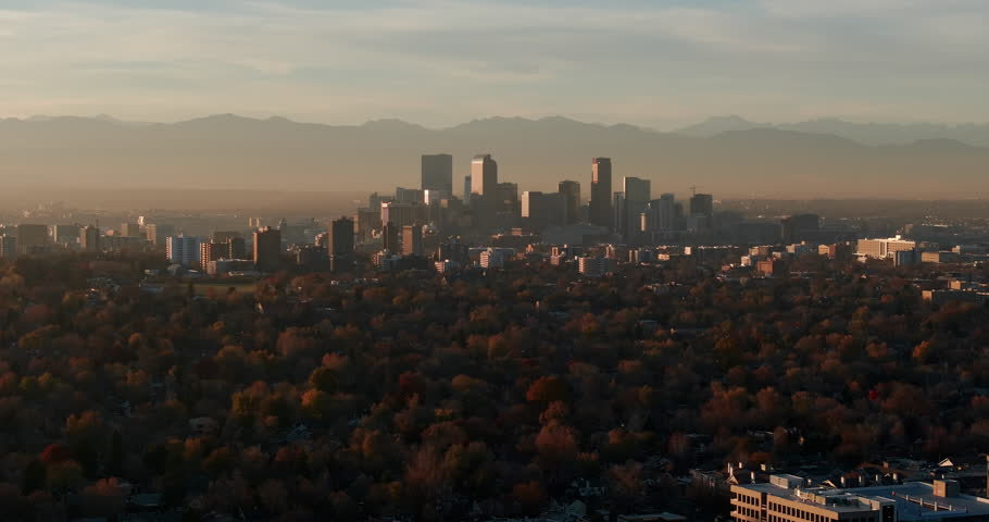 Denver City Sunset Aerial with Mountains

