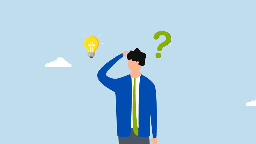 Solution to solve problem, 4k animation of Entrepreneur considers way to address an issue regarding lightbulb and question mark