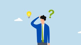 Solution to solve problem, 4k animation of Entrepreneur considers way to address an issue regarding lightbulb and question mark - Powered by Shutterstock - Get 15% off with code: PIKWIZARD15