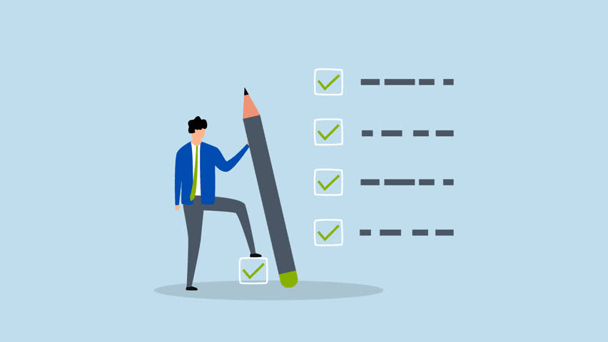 Getting things done, 4k animation of businessman expert holding pencil tick all completed task checkbox