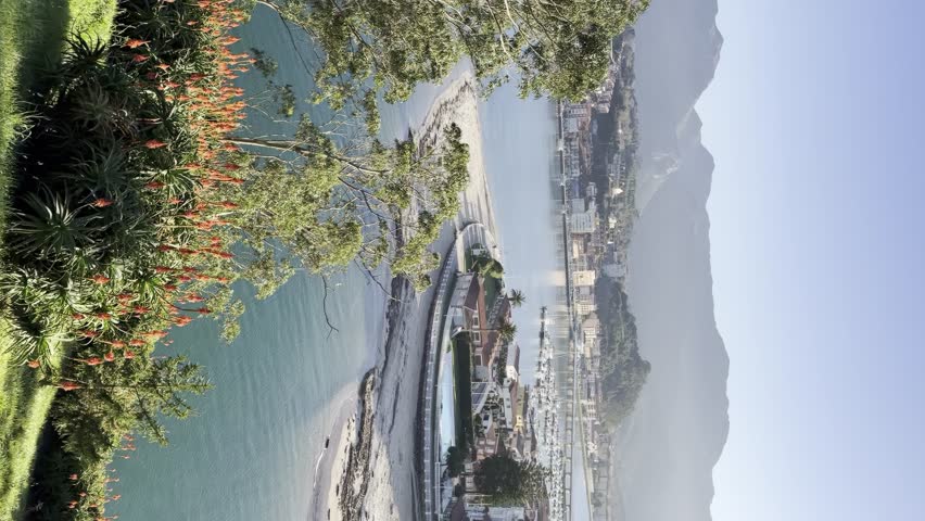 A beautiful view of a lake with a small town in the background