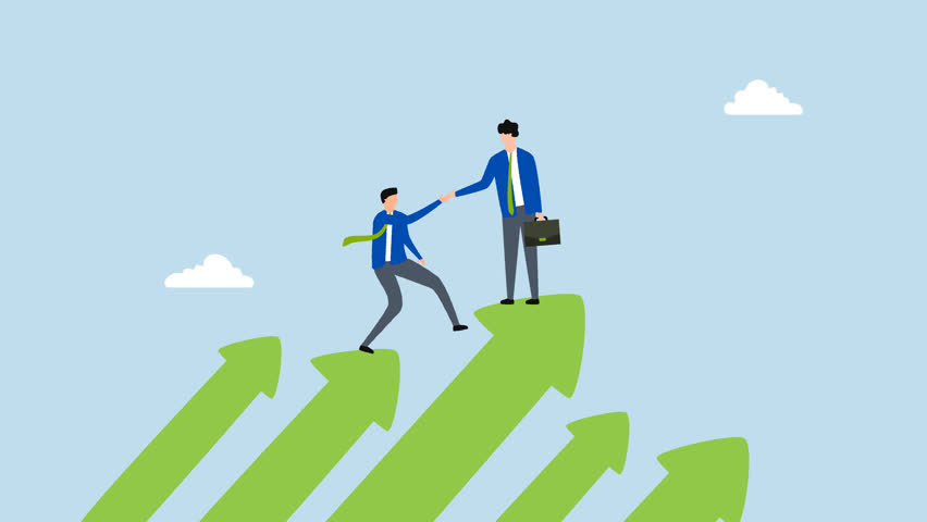 Business mentor, 4k animation of businessman coach assists colleague in ascending growth arrow graph