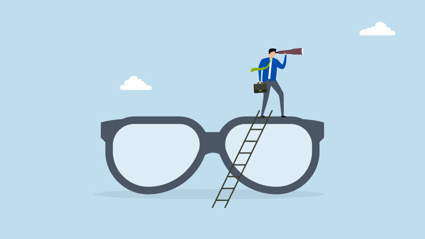 Clear business vision, 4k animation of businessman climb up big eyeglasses see vision on telescope