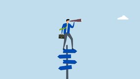 Search for right direction, 4k animation of clever entrepreneur examines through telescope or binoculars to find solution  - Powered by Shutterstock - Get 15% off with code: PIKWIZARD15