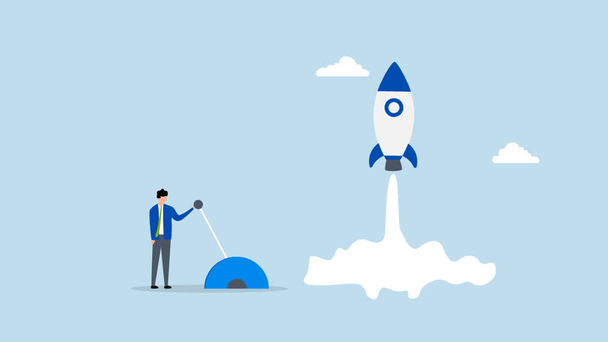 Start your own business, 4k animation of driven entrepreneur businessman activates lever to send rocket into the air 