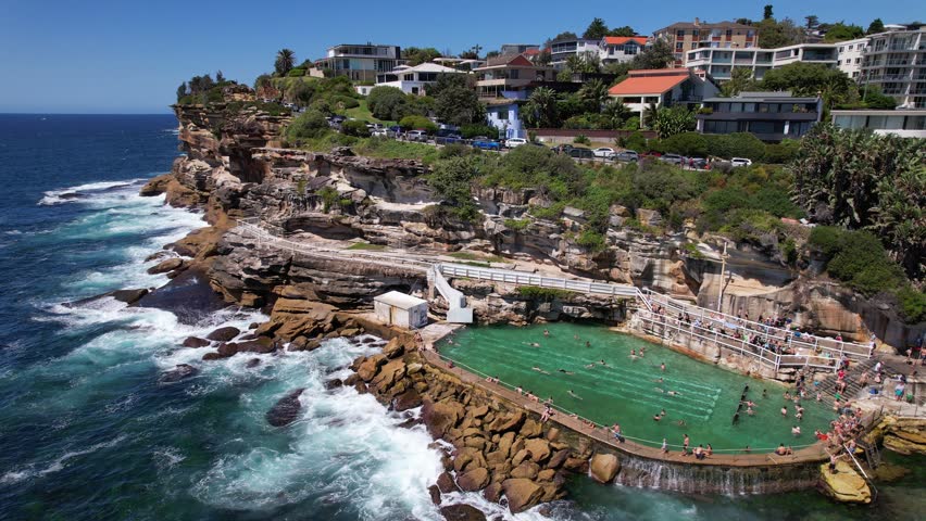 Aerial View Of Bronte Baths And Beach In Sydney, NSW, Australia - Drone Shot