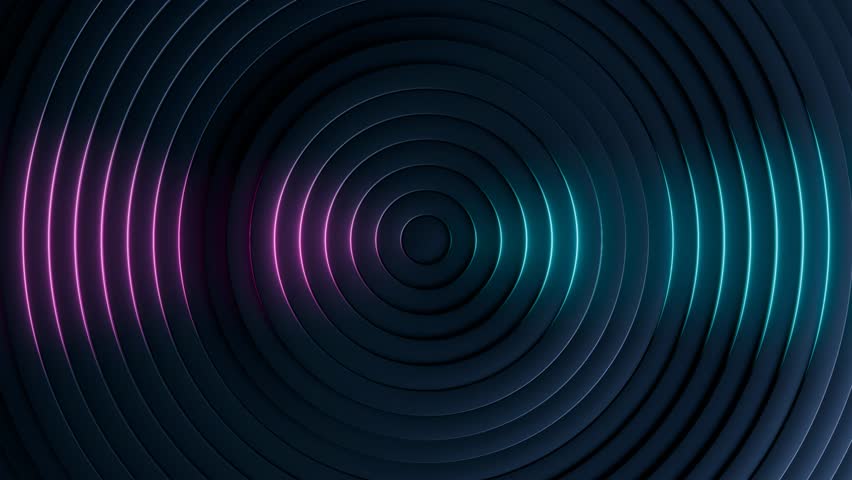 abstract futuristic background animation of dark blue 3d rings wave motion with glowing blue and purple lights, 4k seamless corporate background loop 